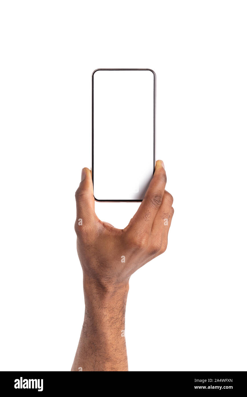 Smartphone with blank screen in black man's hand Stock Photo - Alamy