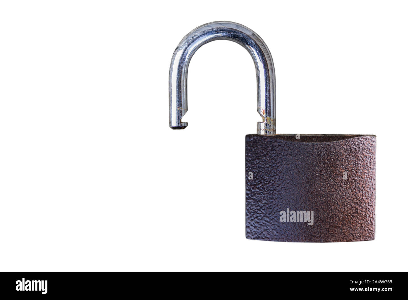 Open padlock on a white background with scratches and rust Stock Photo ...