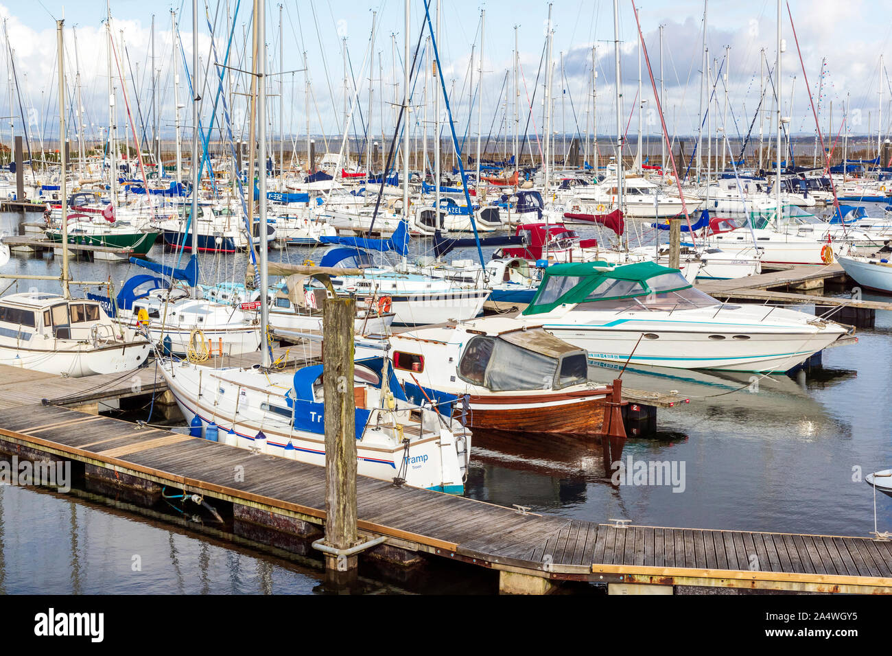 Yachts and small boats berthed at the marina and harbour, Troon, Firth of Clyde, Ayrshire, Scotland Stock Photo
