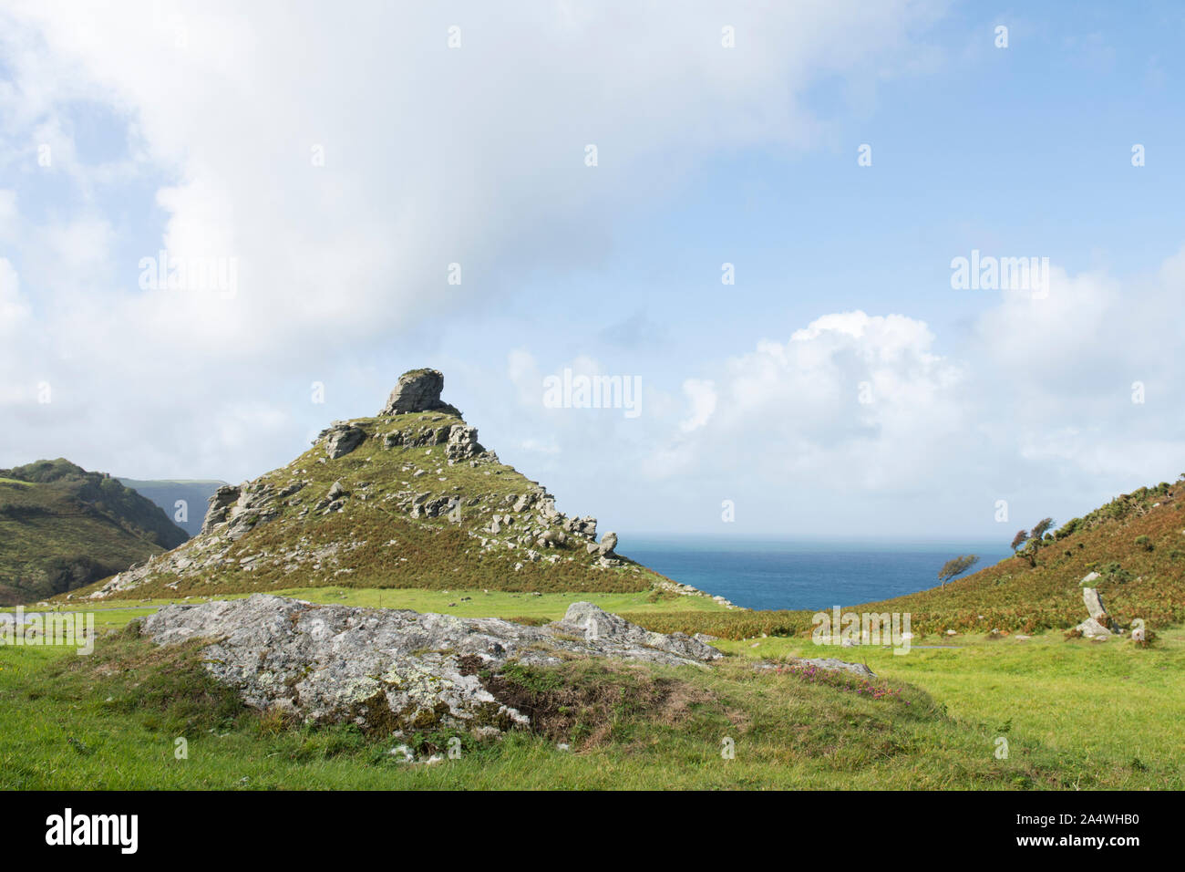 Castle Rock in The Valley of Rocks with the sea beyond, landscape, sunny, Lynton, Devon Stock Photo