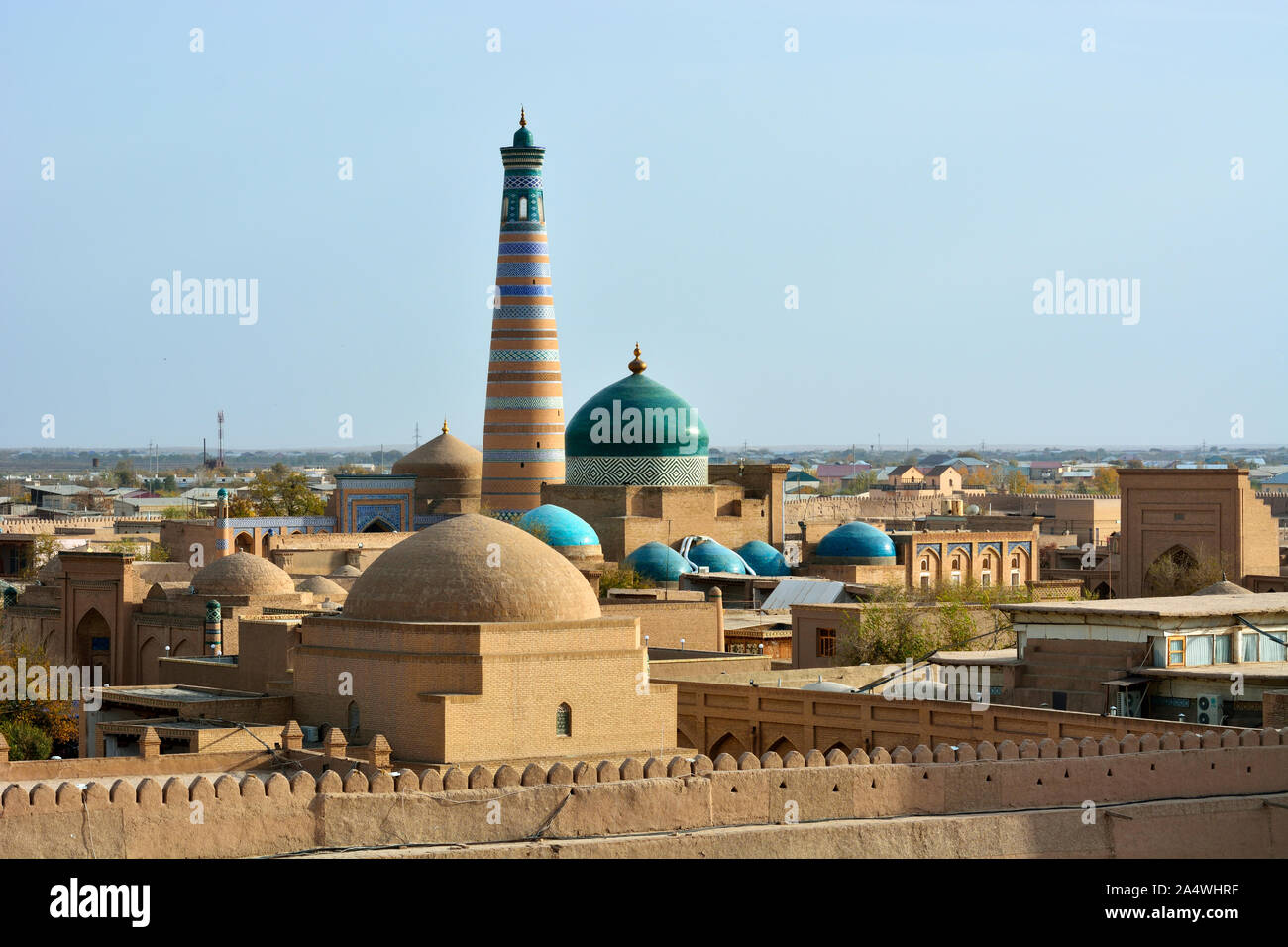 The old town of Khiva (Itchan Kala), a Unesco World Heritage Site, seen from the Khuna Ark citadel. Uzbekistan Stock Photo