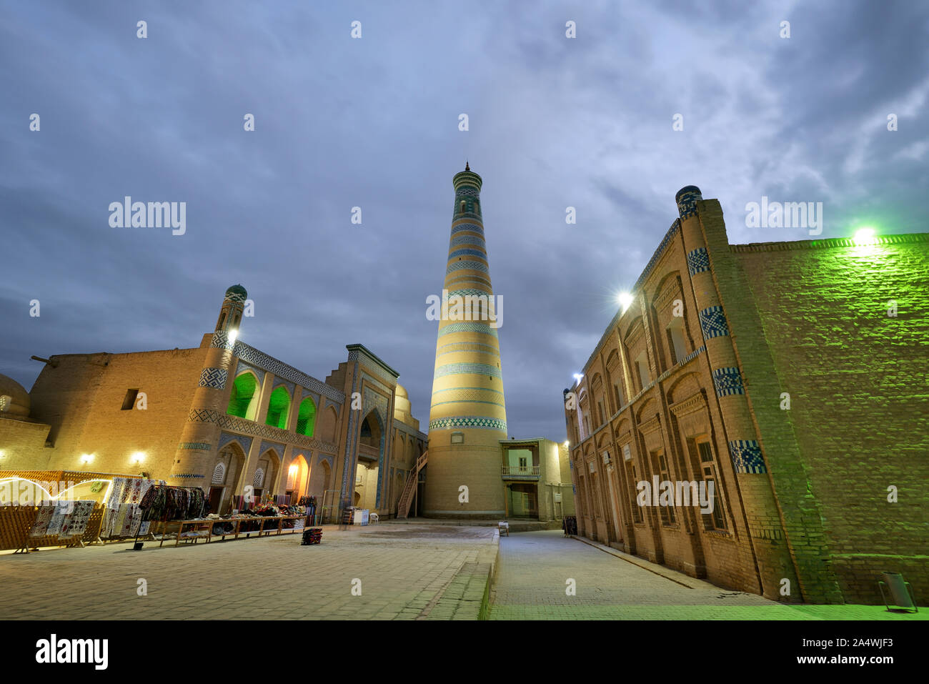 The Islam Khodja minaret and medressa. Old town of Khiva (Itchan Kala), a Unesco World Heritage Site. Uzbekistan Stock Photo