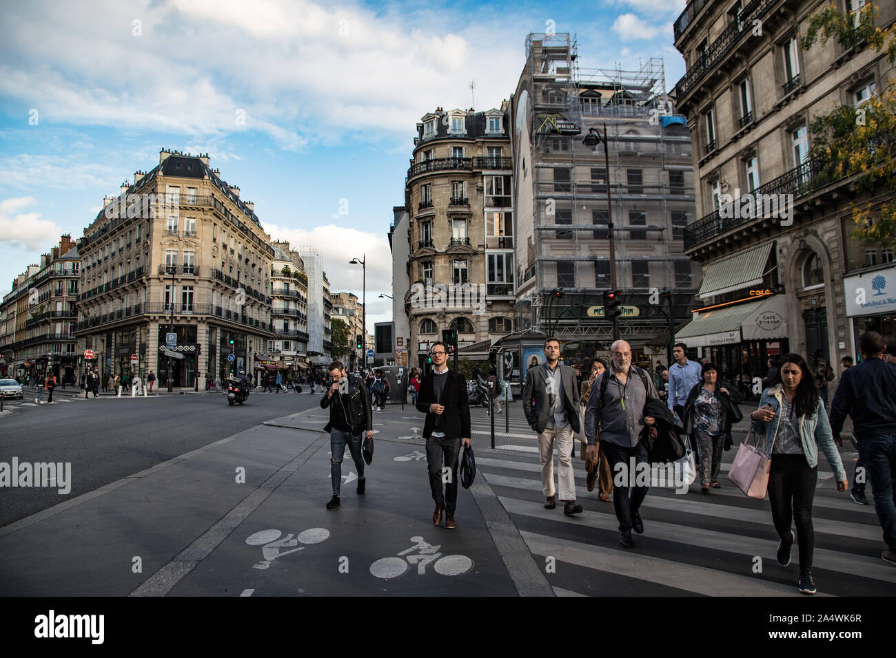Paris, France - 7th October, 2019:  Busy streets of Rue Étienne Marcel in central Paris during evening rush hour Stock Photo