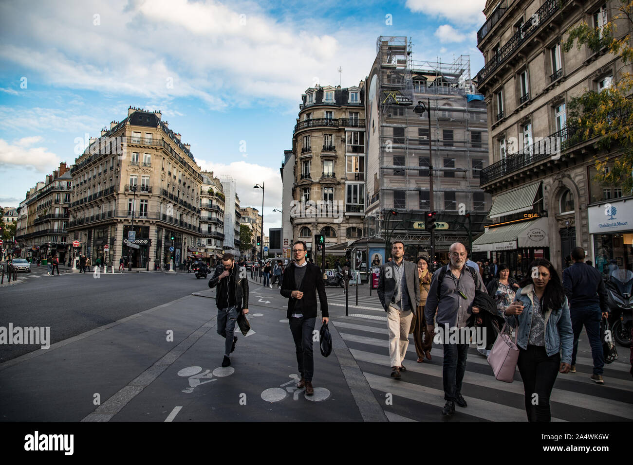 Paris, France - 7th October, 2019:  Busy streets of Rue Étienne Marcel in central Paris during evening rush hour Stock Photo