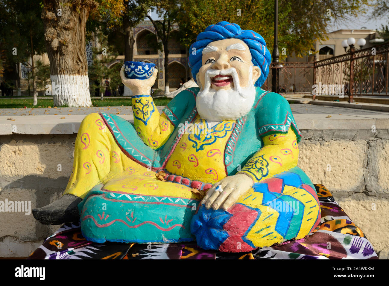 Lyabi Hauz, a wonderful and relaxing plaza, the heart of city life in Bukhara. A UNESCO World Heritage Site. Uzbekistan Stock Photo