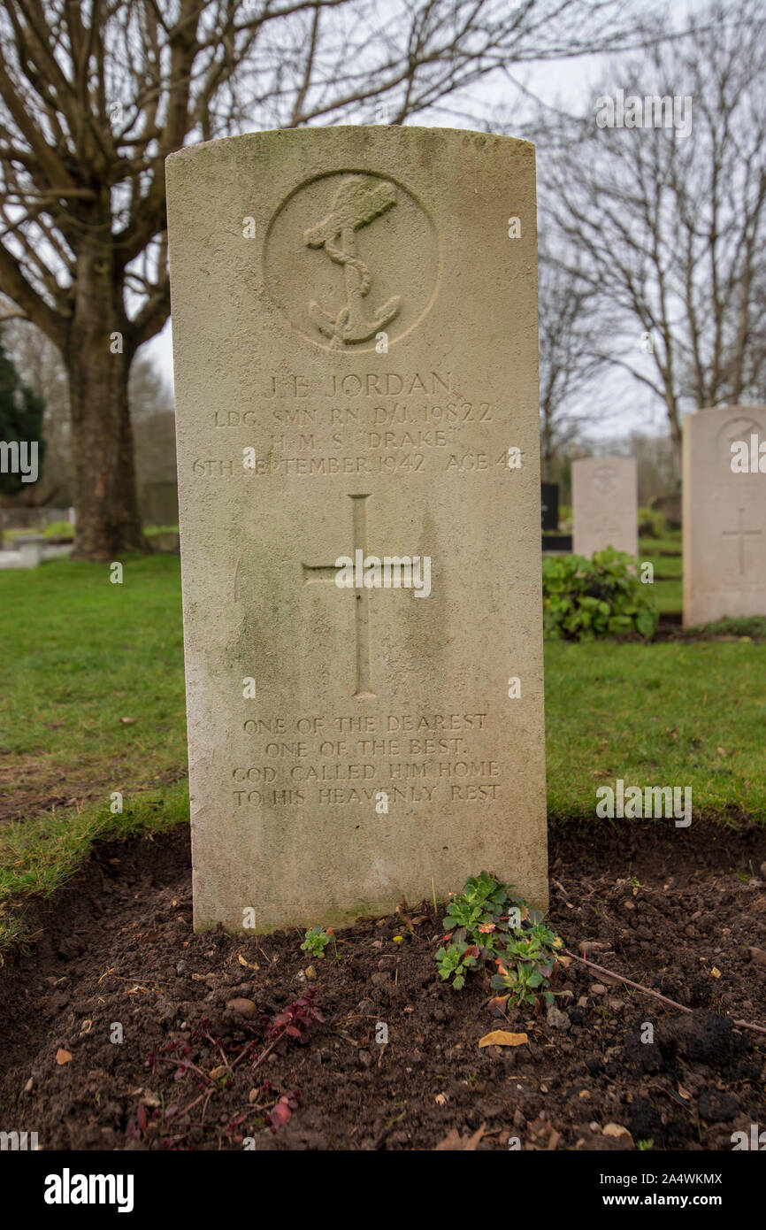 Commonwealth War Graves Commission Grave of John Edward Jordan of H.M.S. Drake, the Royal Navy, Arnos Vale Cemetery Stock Photo