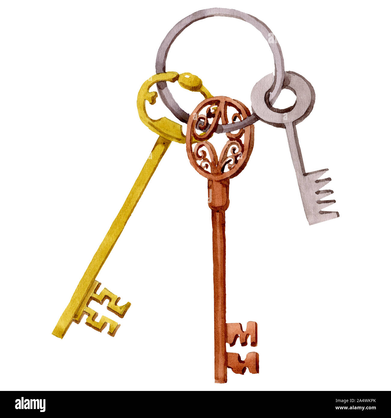 Bunch of old vintage keys. Watercolor background illustration set