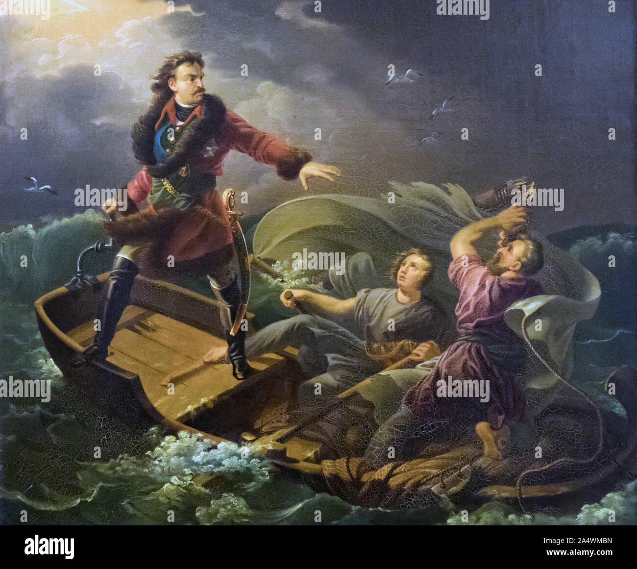 Feat of Peter the Great in the Storm by Alexander von Kotzebue. Smaller copy version of Peter the Great Saving Drowning People in the Storm on Lake La Stock Photo