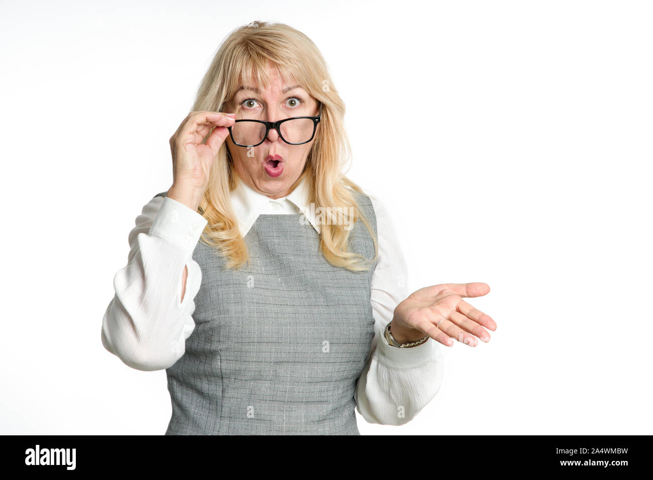 Mature blonde woman surprised expression hi-res stock photography and ...