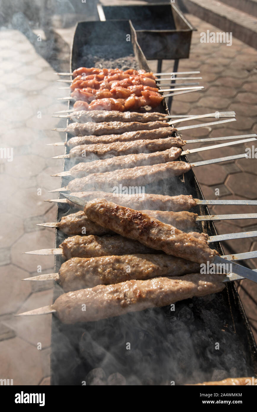 Shashlik Or Shashlyk (meaning Skewered Meat) Was Originally Made Of Lamb.  Stock Photo, Picture and Royalty Free Image. Image 88128379.