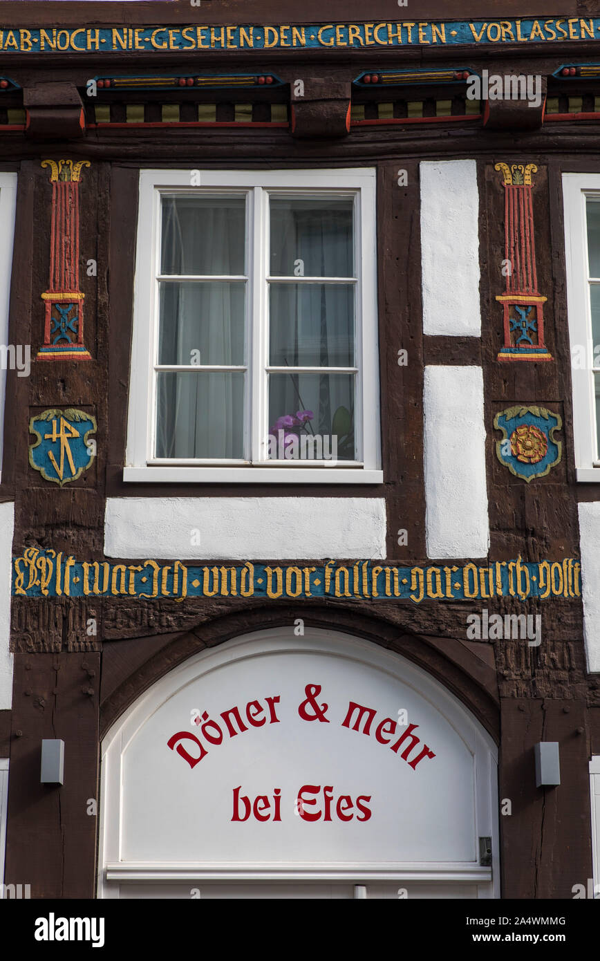 Half-timbered house in the old town of Höxter, richly decorated, Stock Photo