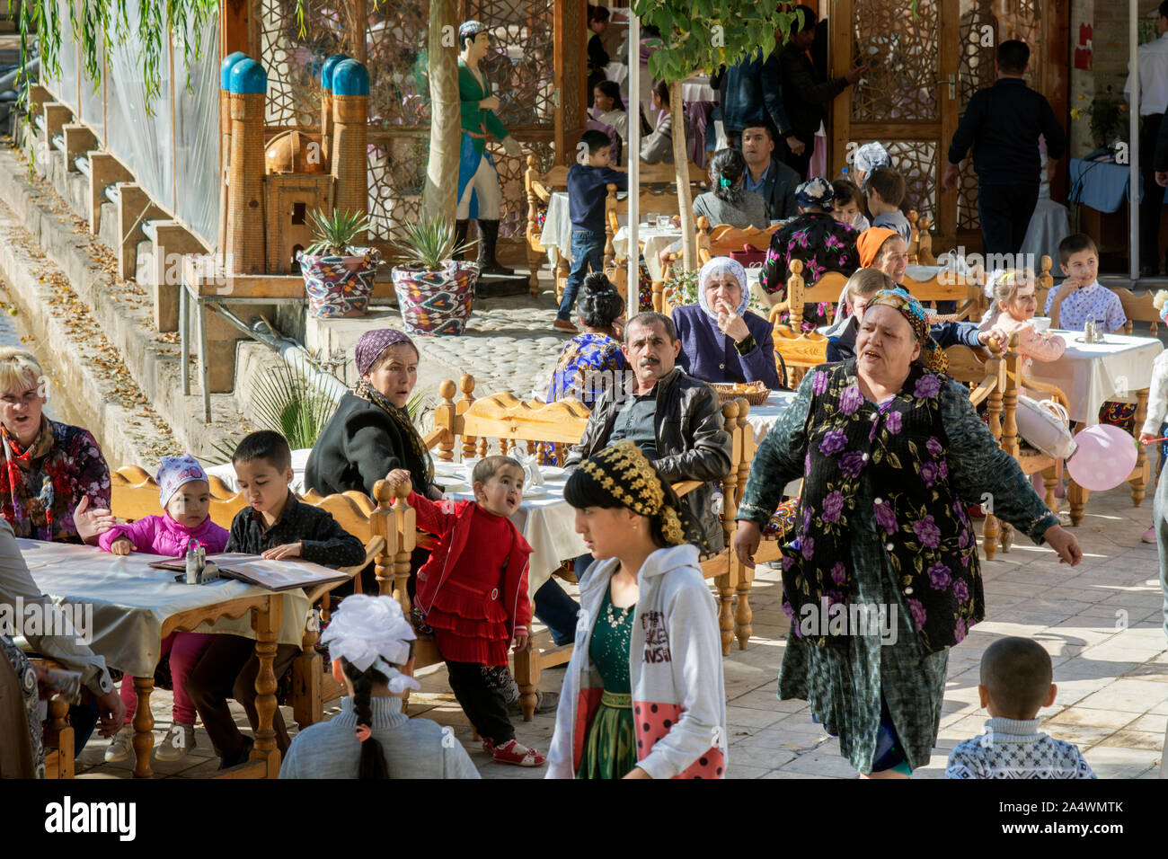 Lyabi Hauz, a wonderful and relaxing plaza, the heart of city life in Bukhara. A UNESCO World Heritage Site. Uzbekistan Stock Photo
