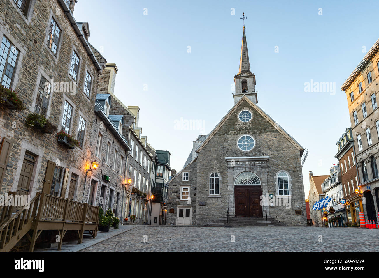 Quebec City, Canada - 5 October 2019: Place Royale & Notre-Dame-des-Victoires church, at dawn. Stock Photo
