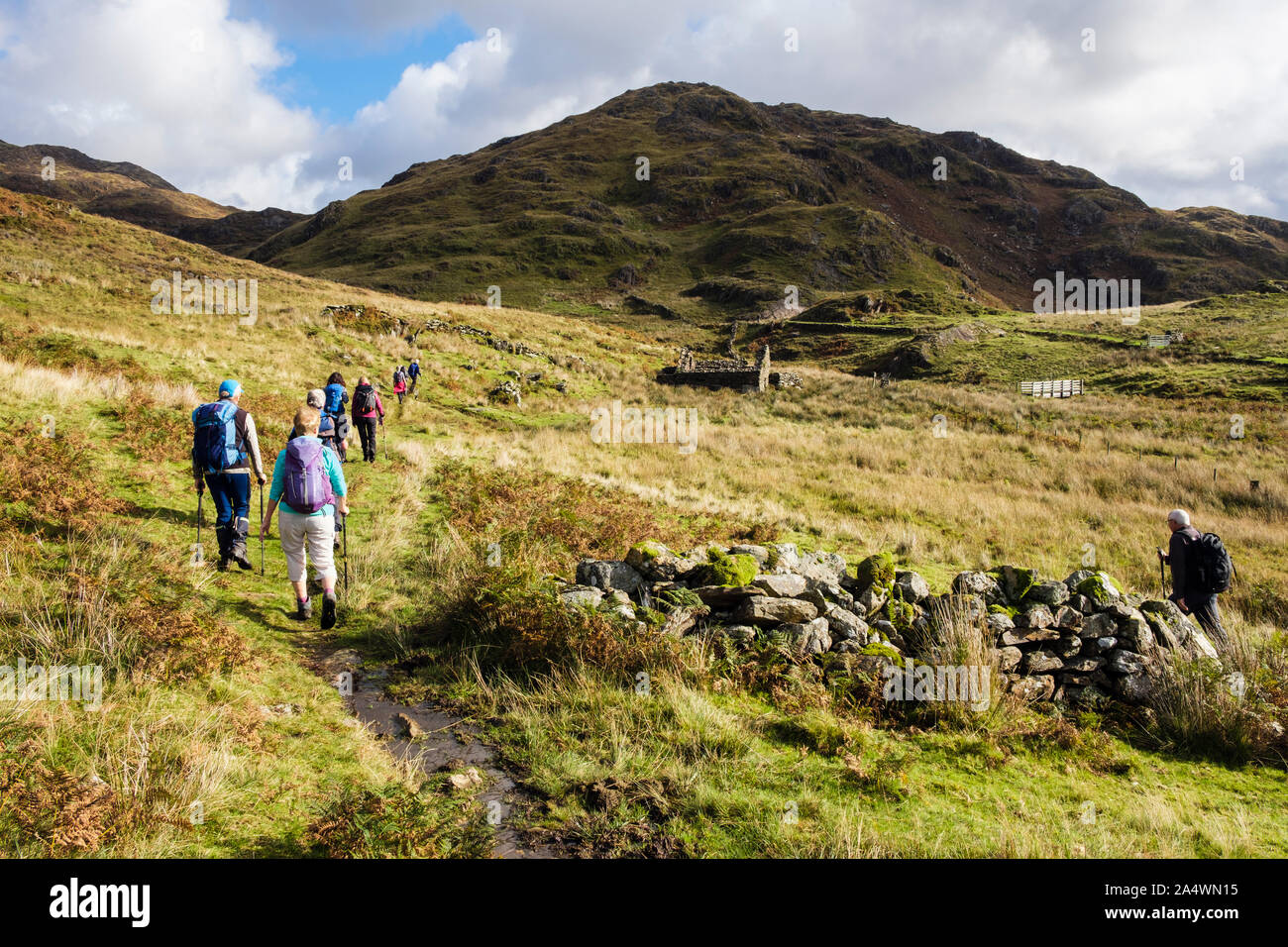 Hikers hiking on a country path above Nant Gwynant in hills of Snowdonia National Park. Beddgelert, Gwynedd, north Wales, UK, Britain Stock Photo