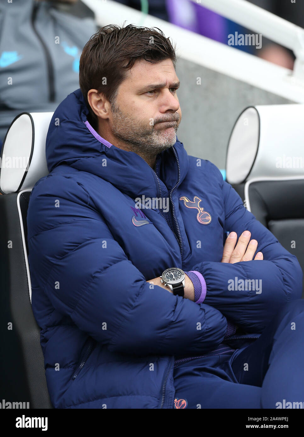Tottenham's manager Mauricio Pochettino during an English Premier League soccer match between Brighton & Hove Albion and Tottenham Hotspur at the Amex Stadium in Brighton, Britain 5 October 2019  EDITORIAL USE ONLY. No use with unauthorized audio, video, data, fixture lists, club/league logos or 'live' services. Online in-match use limited to 120 images, no video emulation. No use in betting, games or single club/league/player publications. Stock Photo