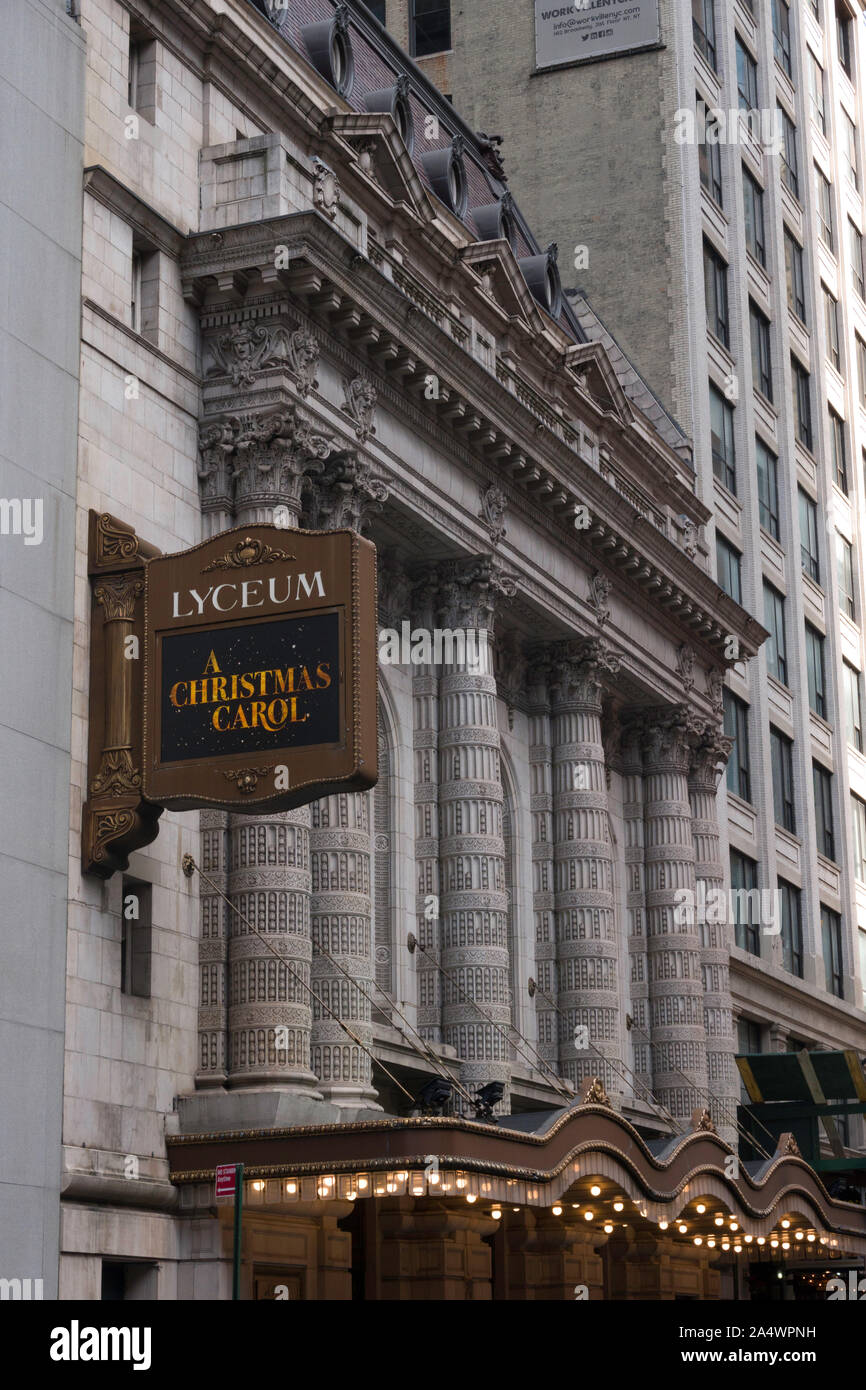 Sign and Marquee for A Christmas Carol Seasonal Holiday Show at the Lyceum theater,149 West 45th Street, NYC, USA Stock Photo