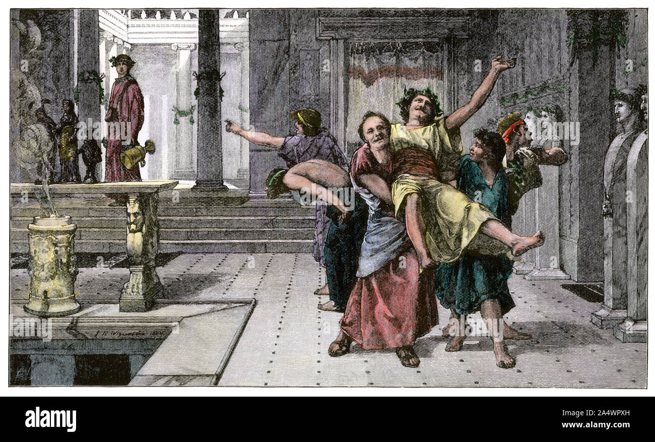 Saturnalia, the December festival of Saturn in ancient Rome. Hand-colored woodcut from a J.R. Weguelin drawing Stock Photo