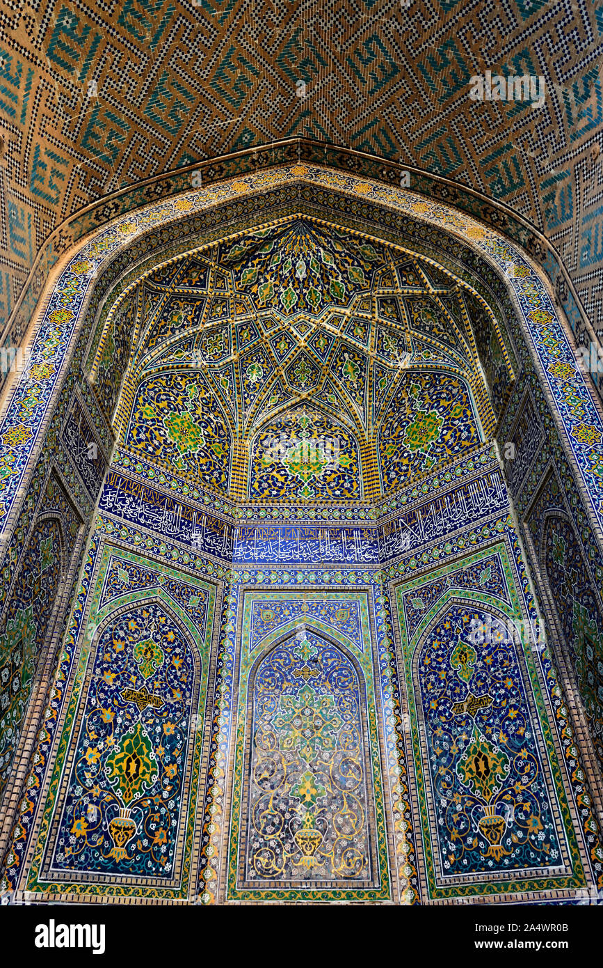 Ceramic tilework inside Ulugh Beg Madrasah, Registan. A Unesco World Heritage Site, Samarkand. Uzbekistan Stock Photo