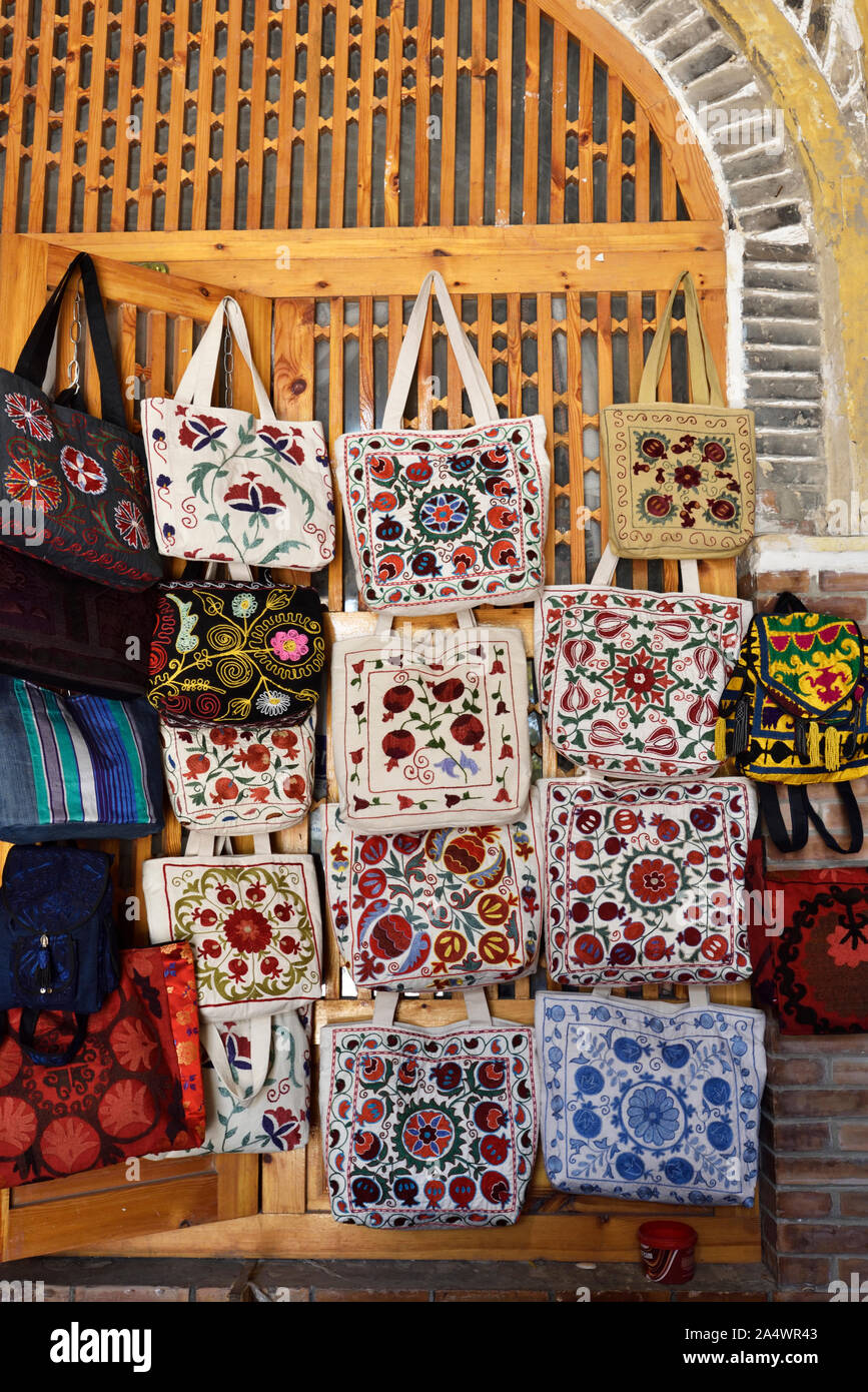 Traditional embroideries. Bukhara, a UNESCO World Heritage Site. Uzbekistan Stock Photo