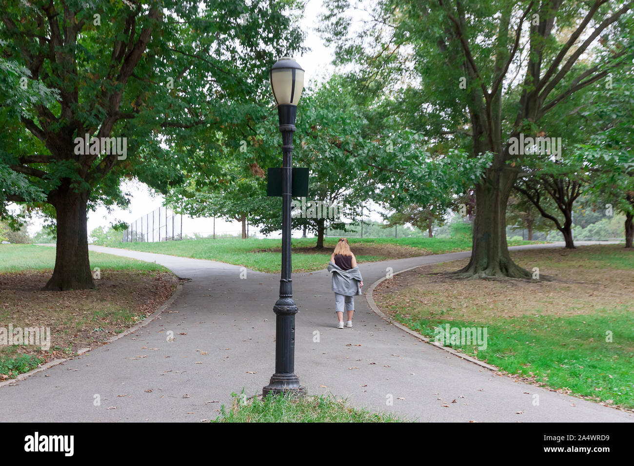 Female at a fork in the road. Stock Photo