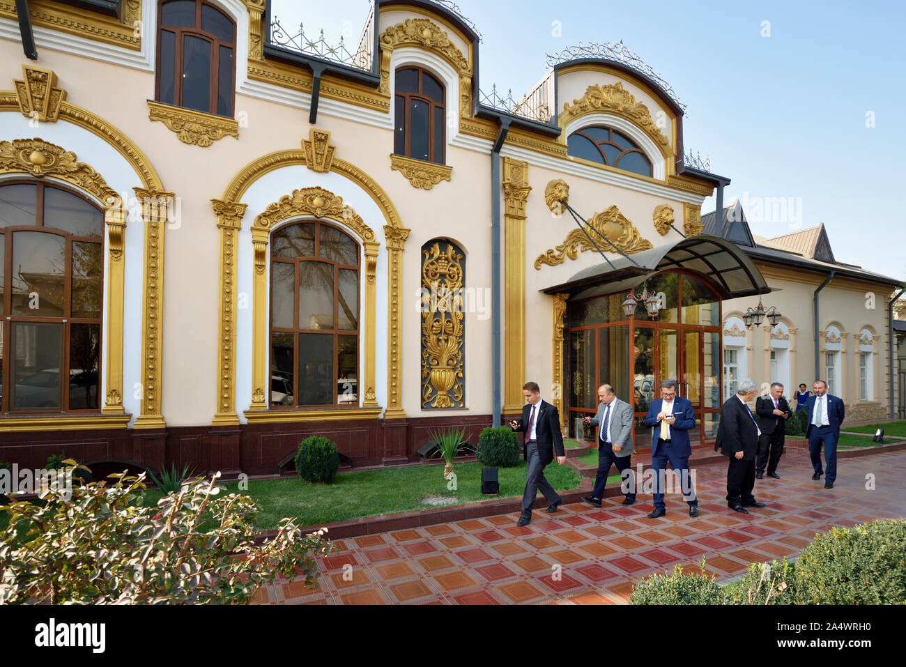 Facade of the Samarkand Restaurant, one of the best restaurants in Samarkand. Uzbekistan Stock Photo