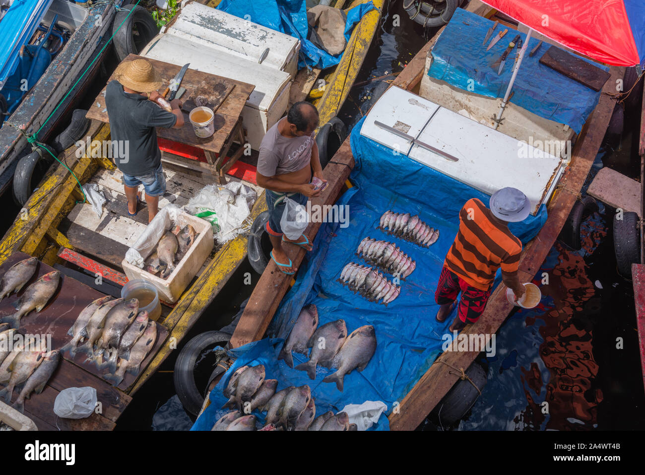 The fishing habor in Porto Flutante or Floating Habour, open fishing boats with owners selling fresh fish, Manaus, The Amazon, Brazil, Latin America Stock Photo