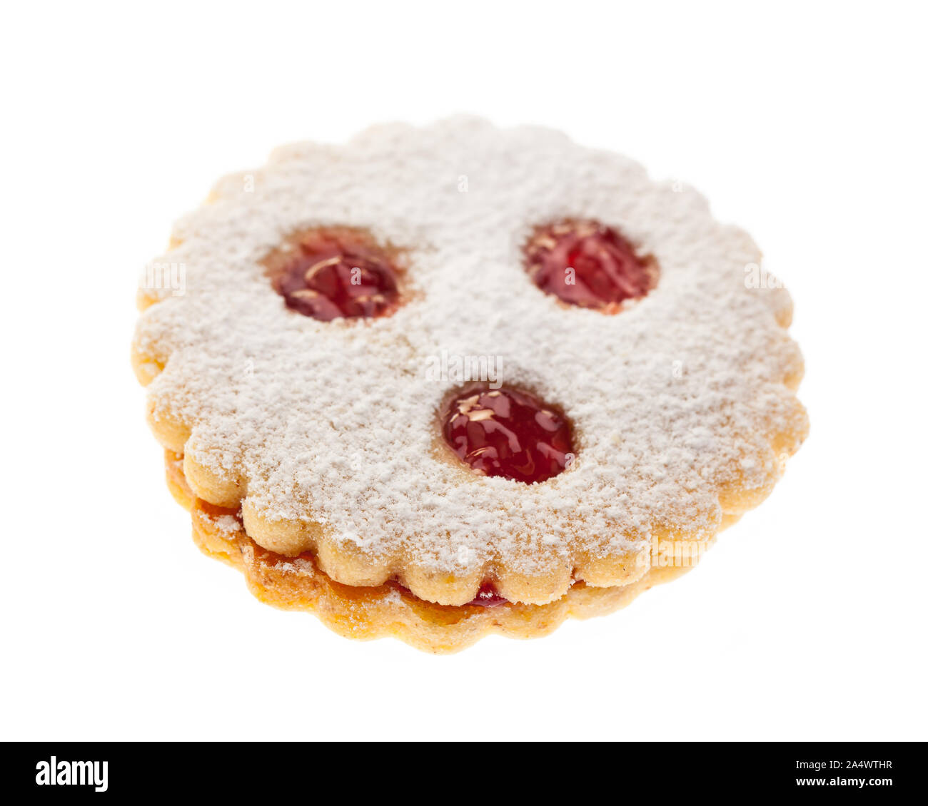 Christmas pastries: Linzer eyes ( 'Linzer Augen') from the front on a white background Stock Photo