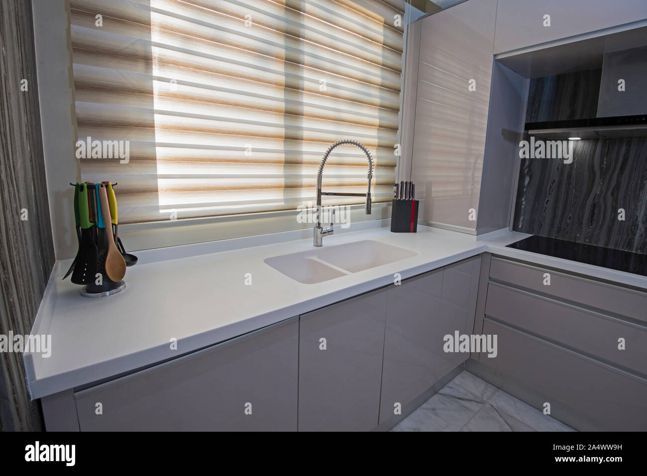 Interior design decor showing modern kitchen with cupboards in luxury ...