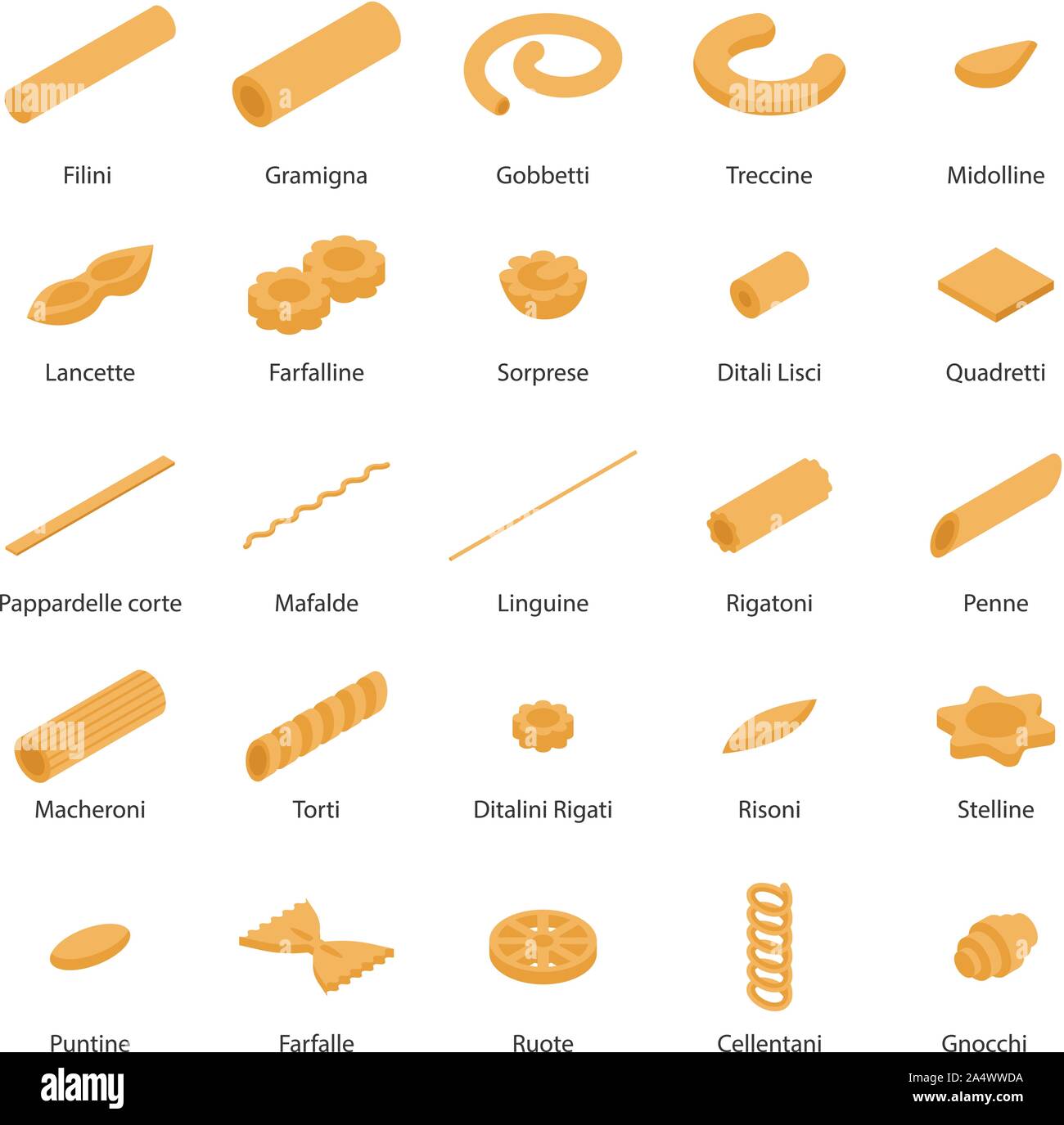 Fusilli pasta icons set, isometric style Stock Vector