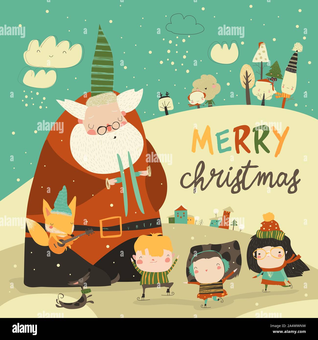 Funny Santa Claus celebrating Chistmas with cute kids Stock Vector