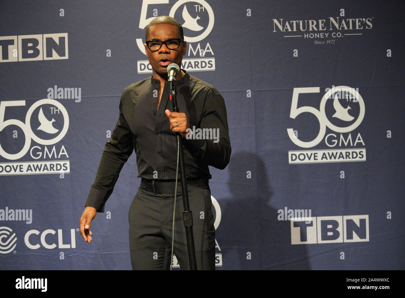 Nashville, Tennessee, USA. 15th Oct 2019. Singer Kirk Franklin answers
