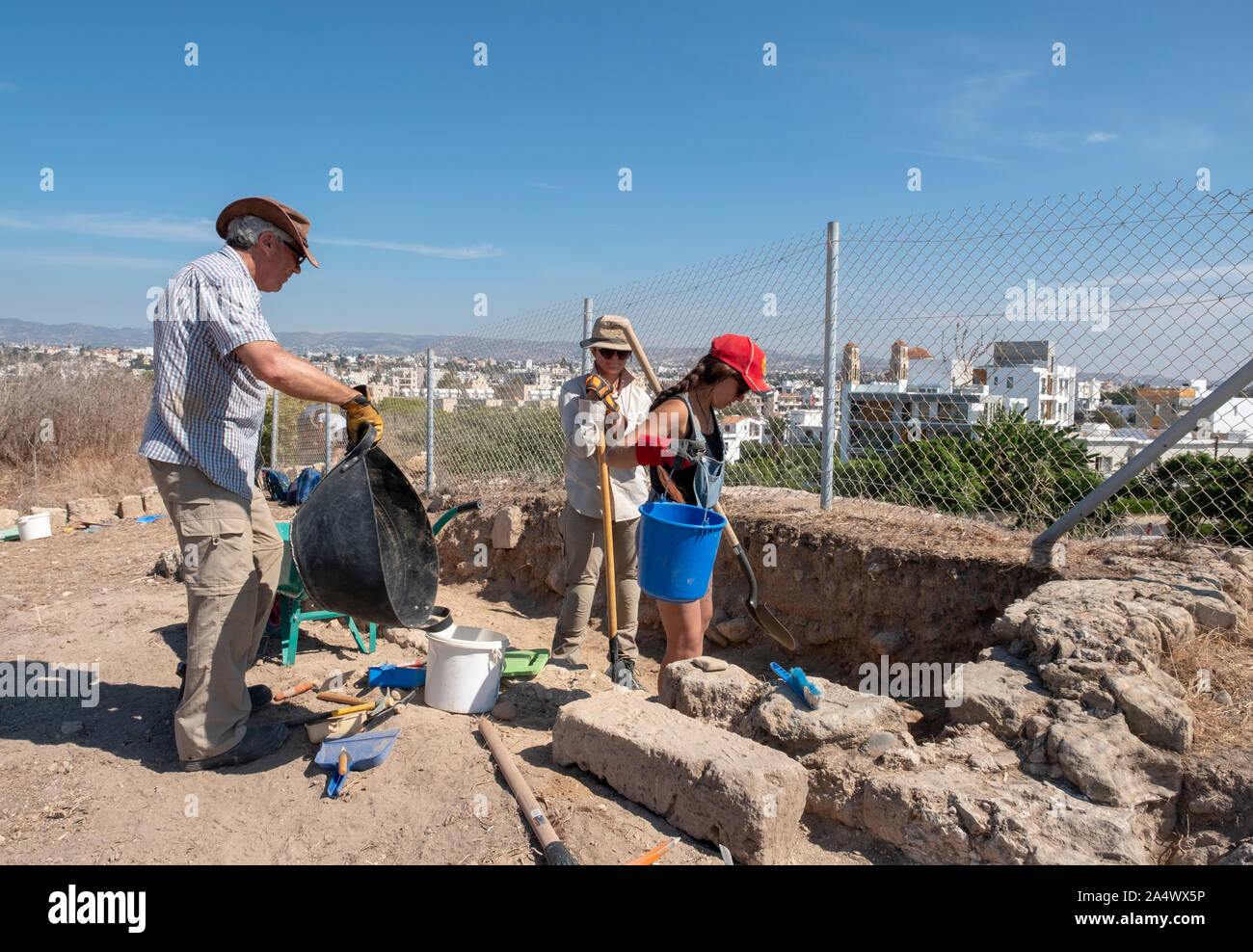 Archaeologists working on a site around the Catacombs in Neo Paphos which is a Unesco protected site of special interest in paphos town, Cyprus. Stock Photo