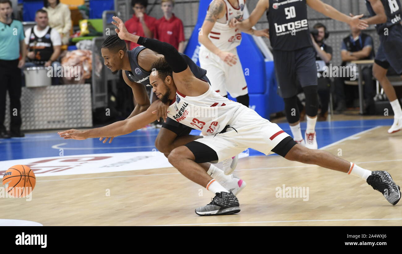 Prague, Czech Republic. 16th Oct, 2019. Kameron Taylor of Bamberg, left,  and Ivan Almeida of Nymburk in action during the Men's Basketball Champions  League 1st round group C match Nymburk vs Bamberg