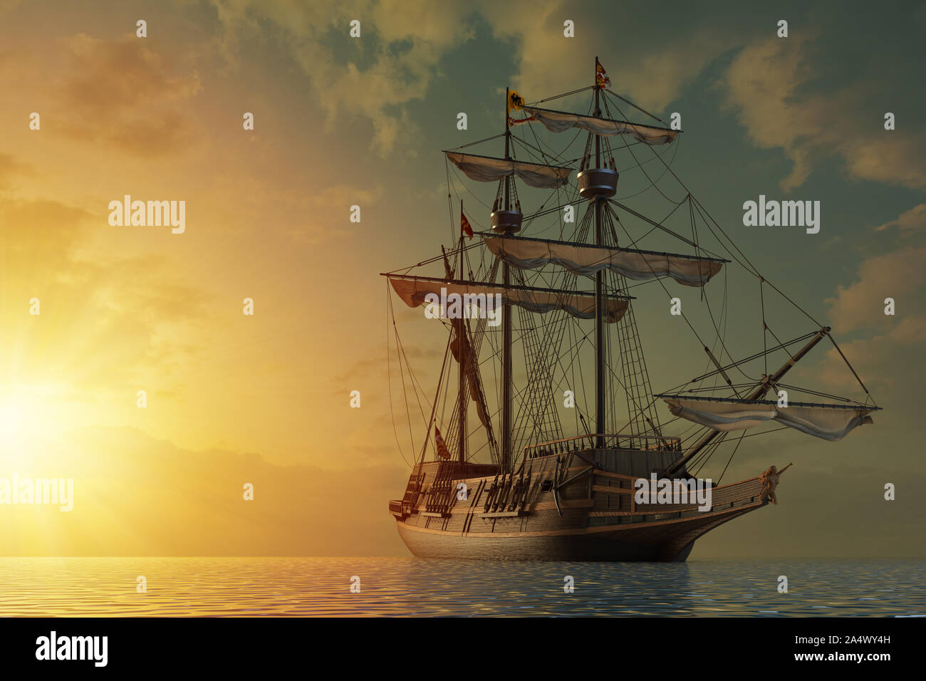 Spanish galleon ship on the open seas by shining sunset. 3D Illustration. Stock Photo