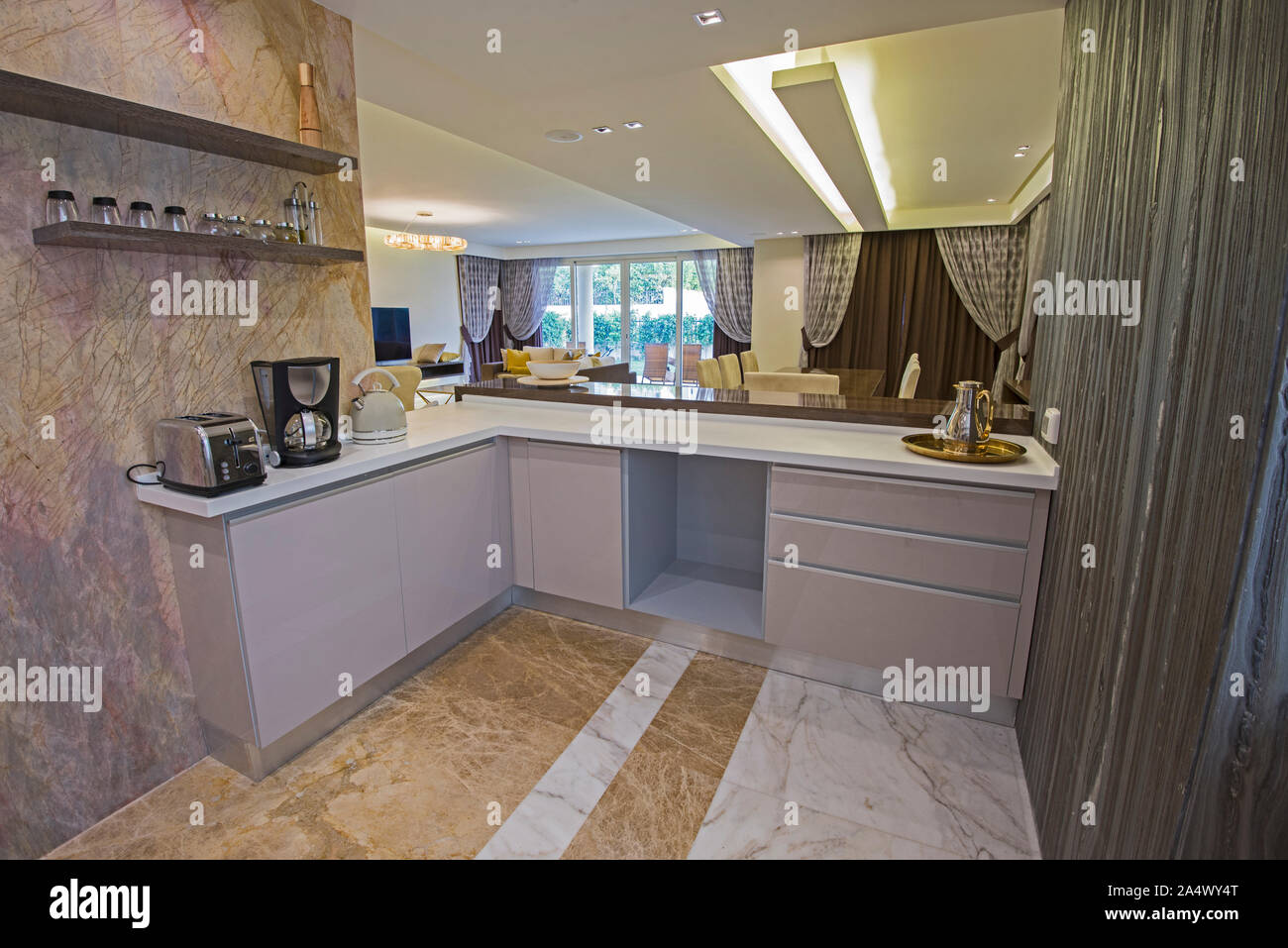 Interior design decor showing modern kitchen breakfast bar with