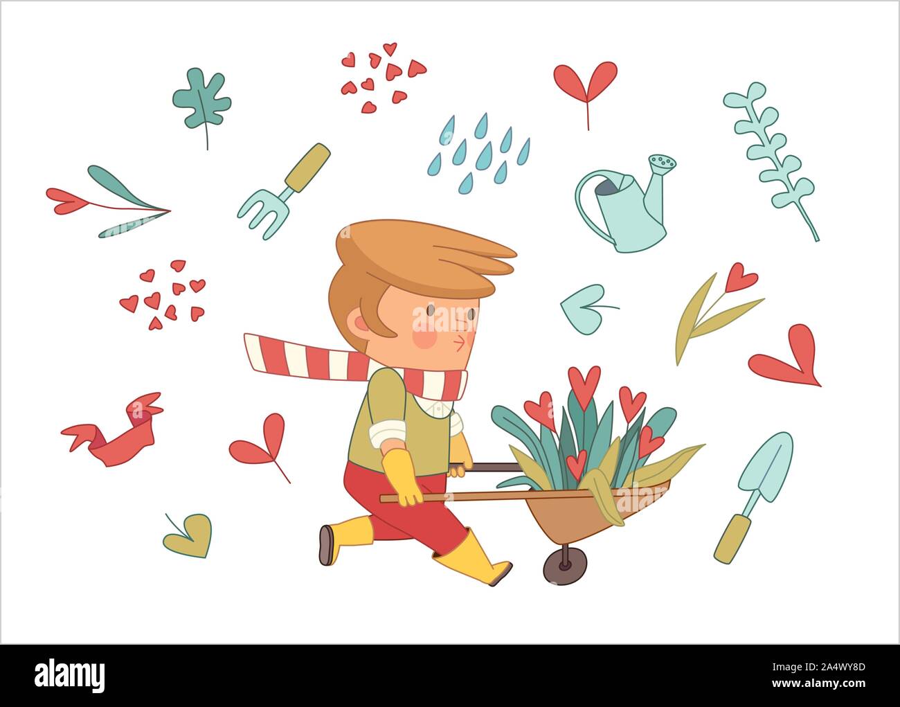 Love Gardening, cartoon vector illustration - a gardener wearing gloves and yellow rubber boots wheeling a bunch of flowers in a barrow, surrounded by Stock Vector