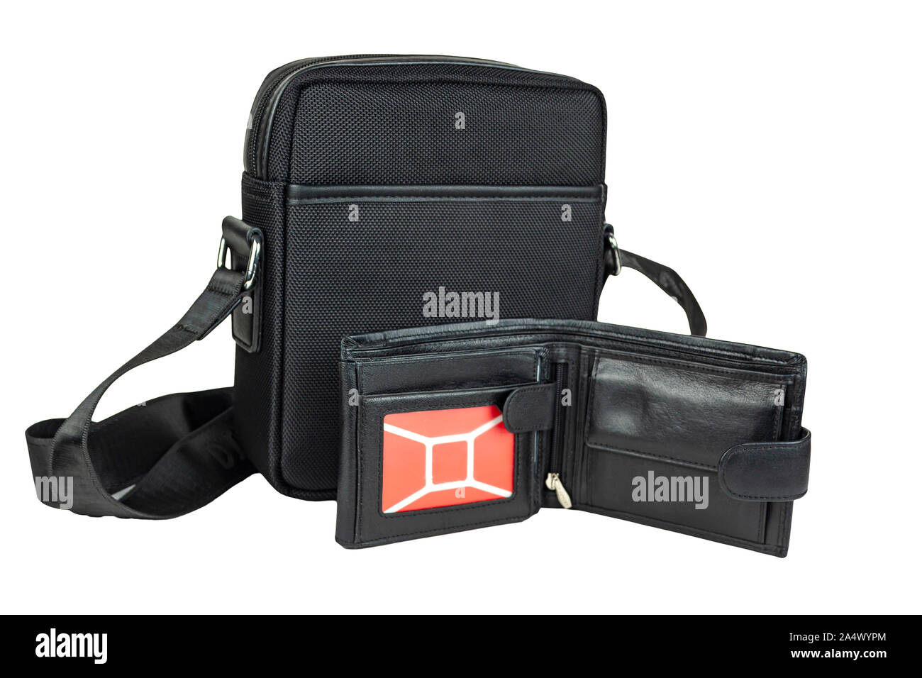 Small men's bag with a wallet on a white background. Isolate, close up. Stock Photo