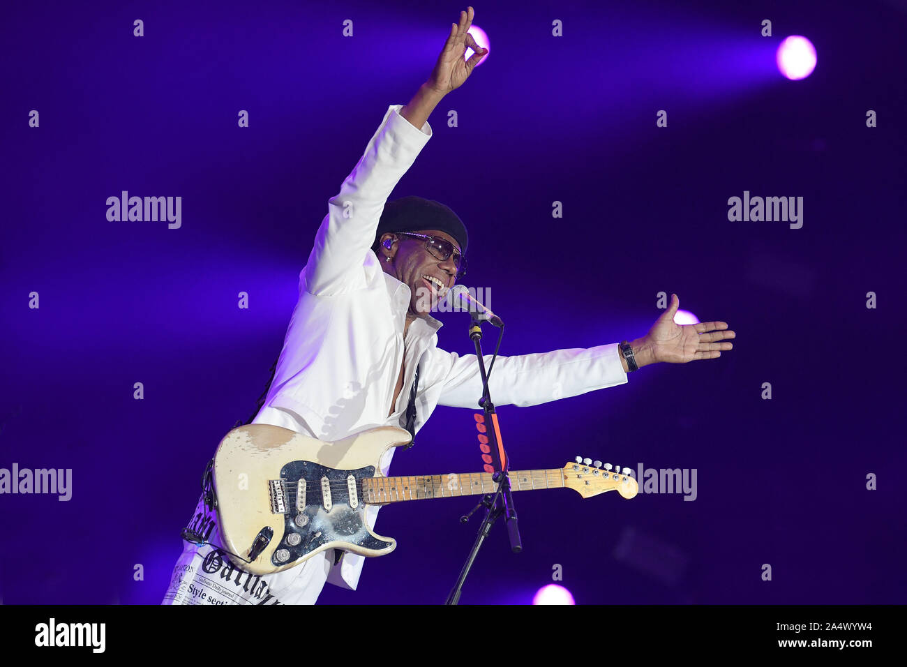 Rio de Janeiro, Brazil, October 3, 2019. Guitarist Nile Rodgers of the band Chic during his show at Rock in Rio 2019 in the city of Rio de Janeiro. Stock Photo