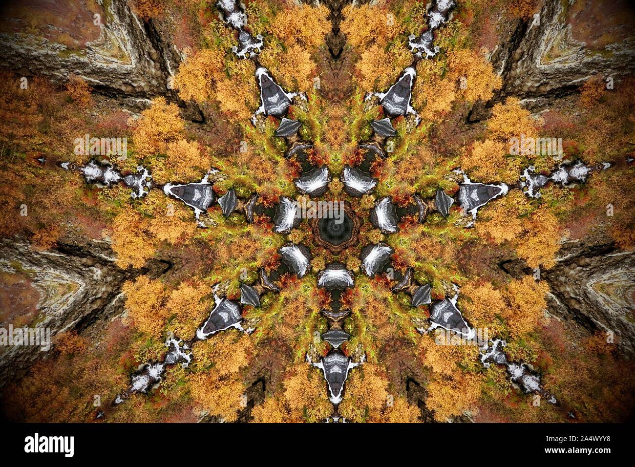 Kaleidoscope abstract of autumn colours and waterfalls at Barnafoss, Iceland. Stock Photo