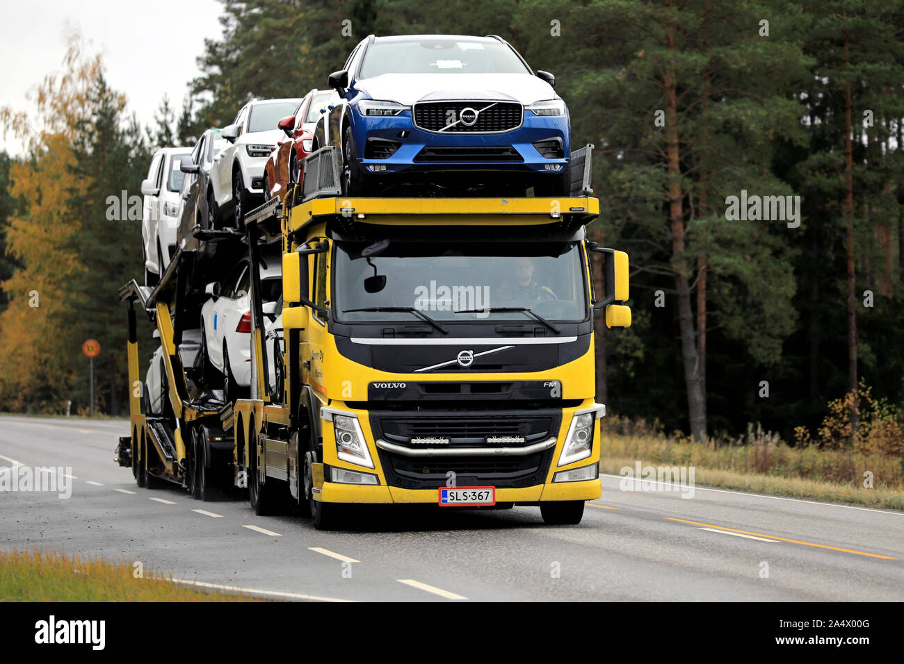Yellow Volvo FM car transporter hauls new Volvo cars along rural highway in autumn. Salo, Finland. October 11, 2019. Stock Photo