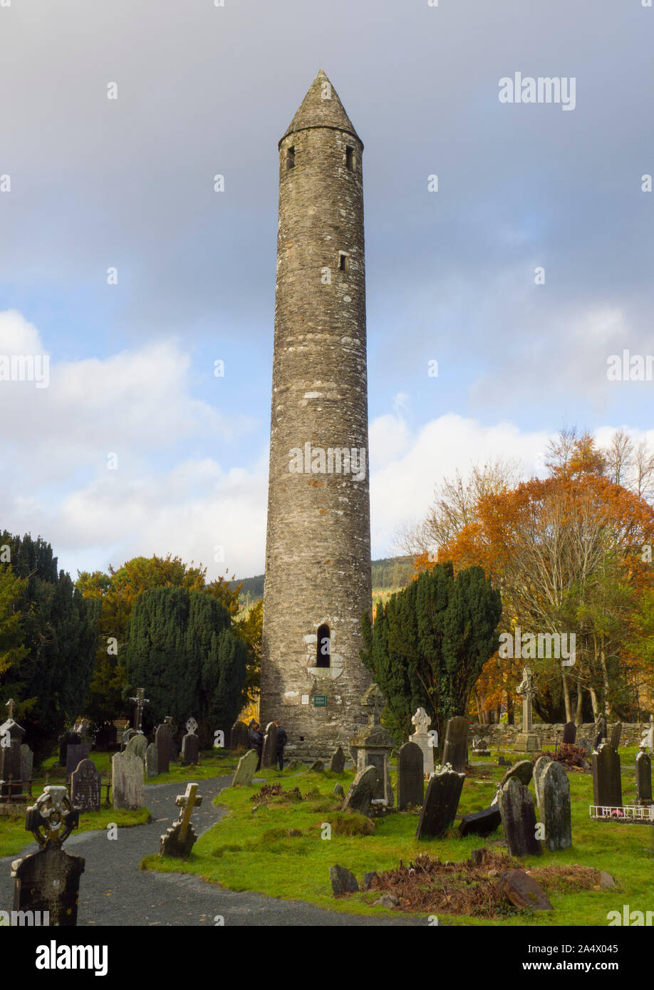 The Round Tower and cemetery, Glendalough, Wicklow Mountains National Park, County Wicklow