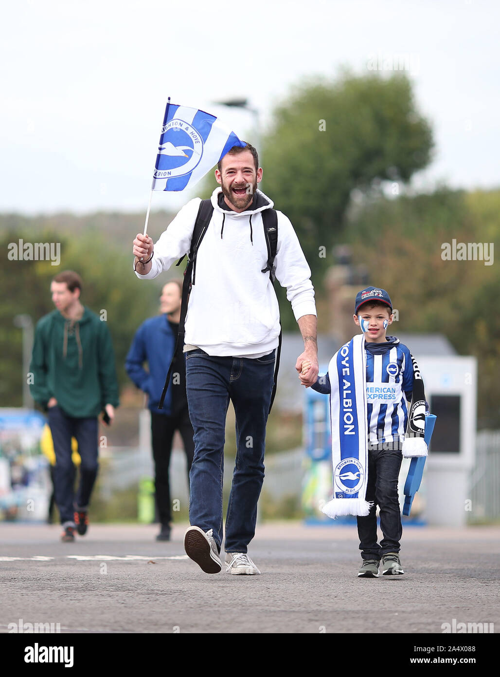Fans arrive at the stadium for the English Premier League soccer match between Brighton & Hove Albion and Tottenham Hotspur at the Amex Stadium in Brighton, Britain 5 October 2019  EDITORIAL USE ONLY. No use with unauthorized audio, video, data, fixture lists, club/league logos or 'live' services. Online in-match use limited to 120 images, no video emulation. No use in betting, games or single club/league/player publications. Stock Photo
