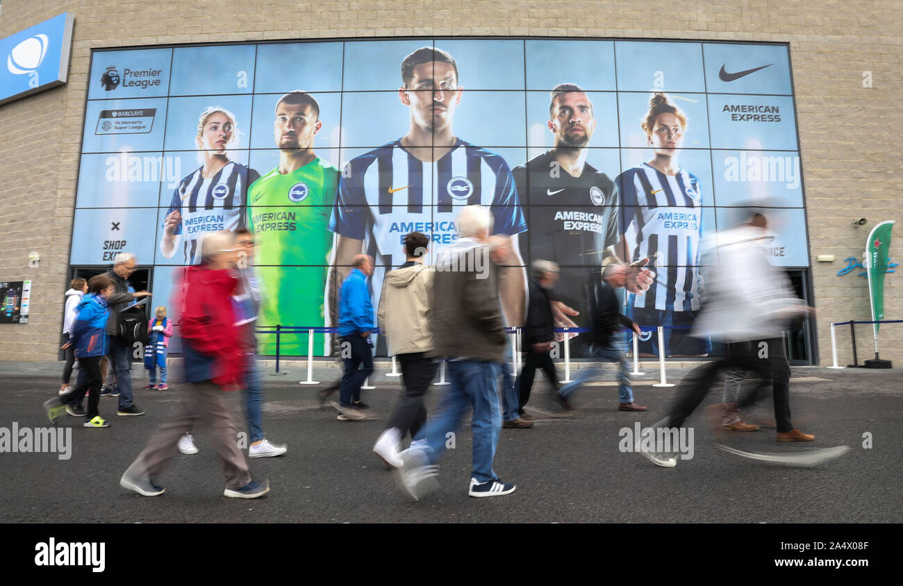 Fans arrive at the stadium for the English Premier League soccer match between Brighton & Hove Albion and Tottenham Hotspur at the Amex Stadium in Brighton, Britain 5 October 2019  EDITORIAL USE ONLY. No use with unauthorized audio, video, data, fixture lists, club/league logos or 'live' services. Online in-match use limited to 120 images, no video emulation. No use in betting, games or single club/league/player publications. Stock Photo