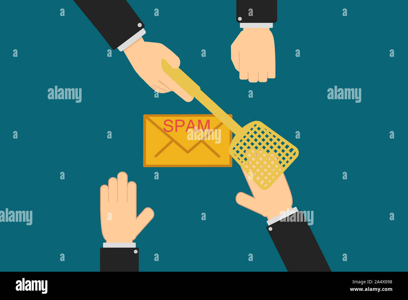 The executive hands prevent the employee from receiving and opening a spam mail, the concept of information security in companies, data protection on Stock Photo