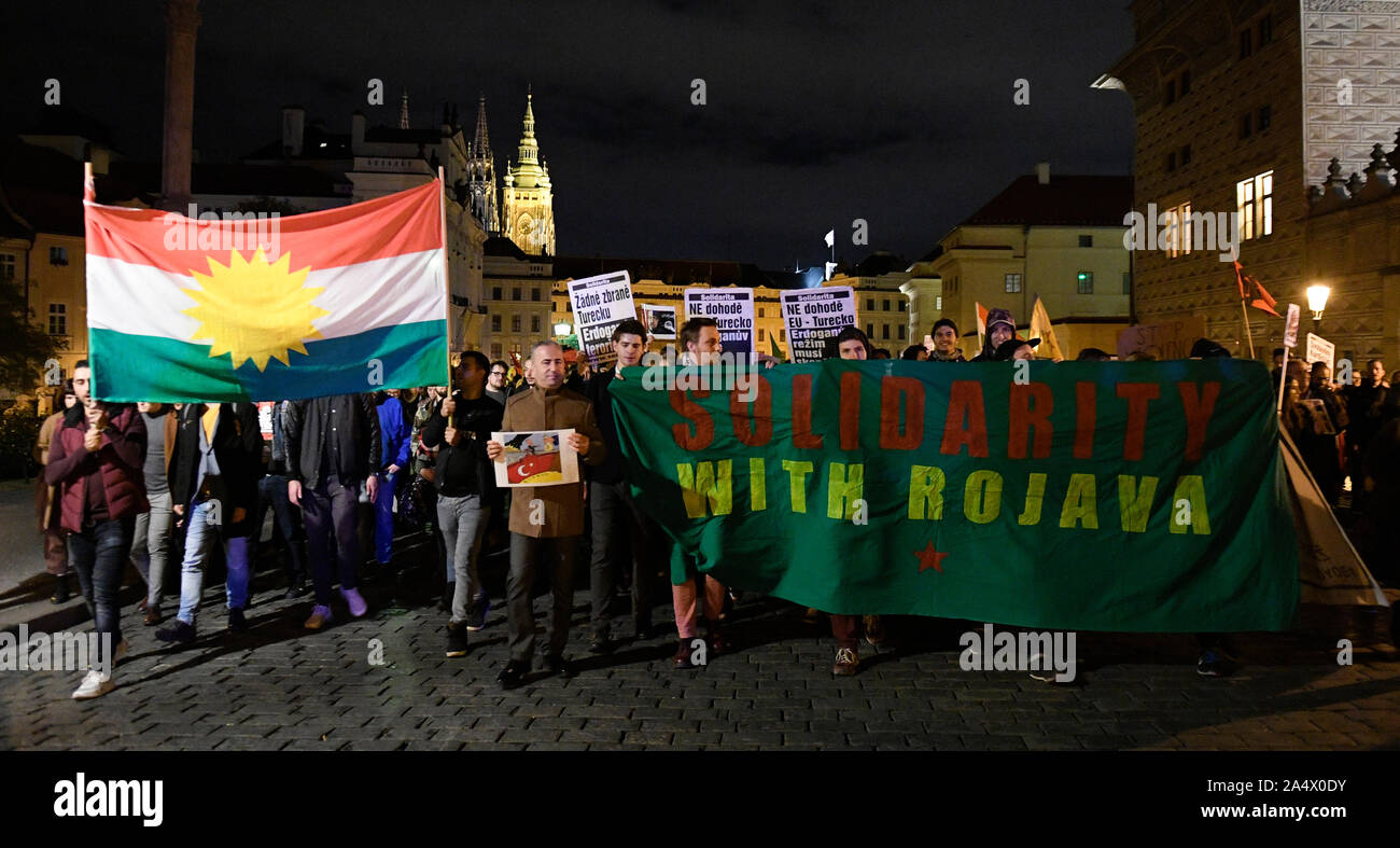 Prague, Czech Republic. 16th Oct, 2019. Several hundreds of people gather to protest against the Turkish invasion in Kurdish territories in northern Syria in Prague, Czech Republic, October 16, 2019. The protesters, waving Kurdish flags as well as placards pledging support for Syria's Kurdish population, chanted slogans condemning Turkey's military action and urged for the withdrawal of Turkish forces. Credit: Ondrej Deml/CTK Photo/Alamy Live News Stock Photo