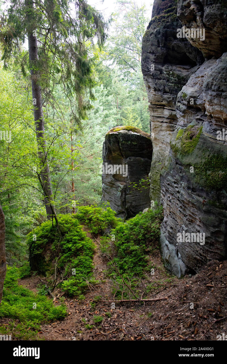 Hrubá Skála Rocks, amazing rocks,  rock climbing, Bohemian Paradise, A unique combination of outlandish rock formations, dense pine forests Stock Photo