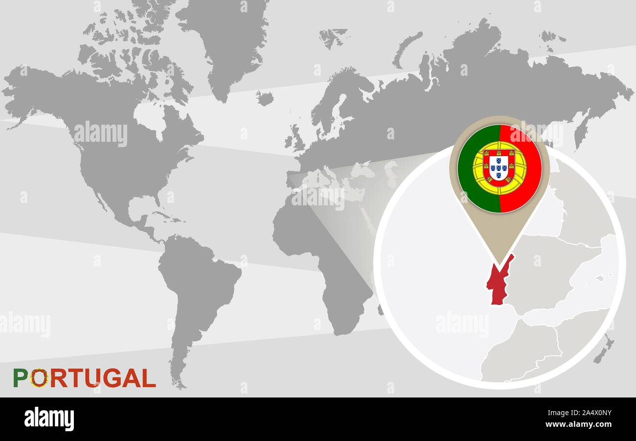 World map with magnified Portugal. Portugal flag and map Stock