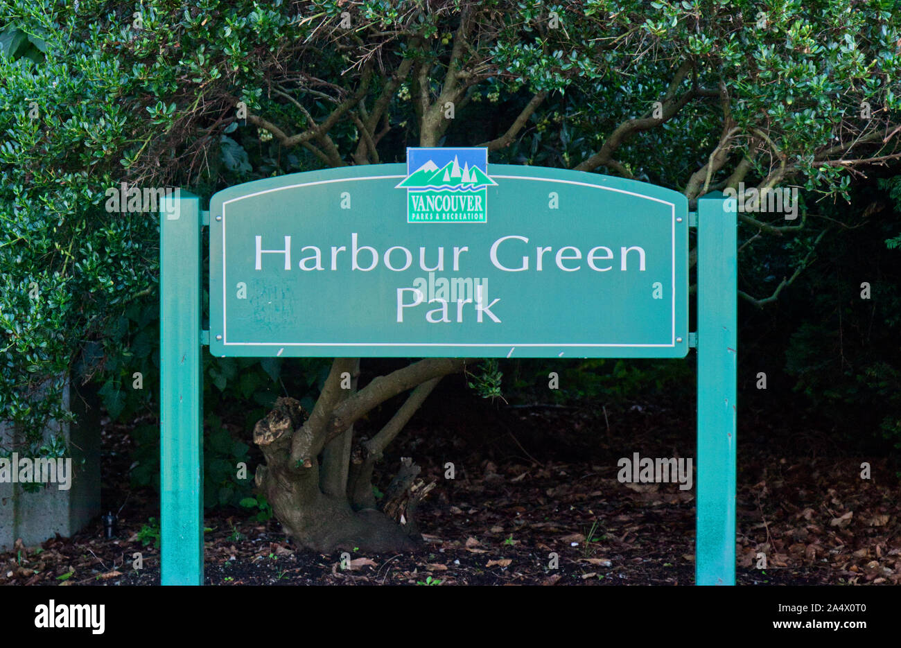 Vancouver, Canada - September 20, 2019: Green sign 'Harbour Green Park' at the Coal Harbour, Vancouver Stock Photo