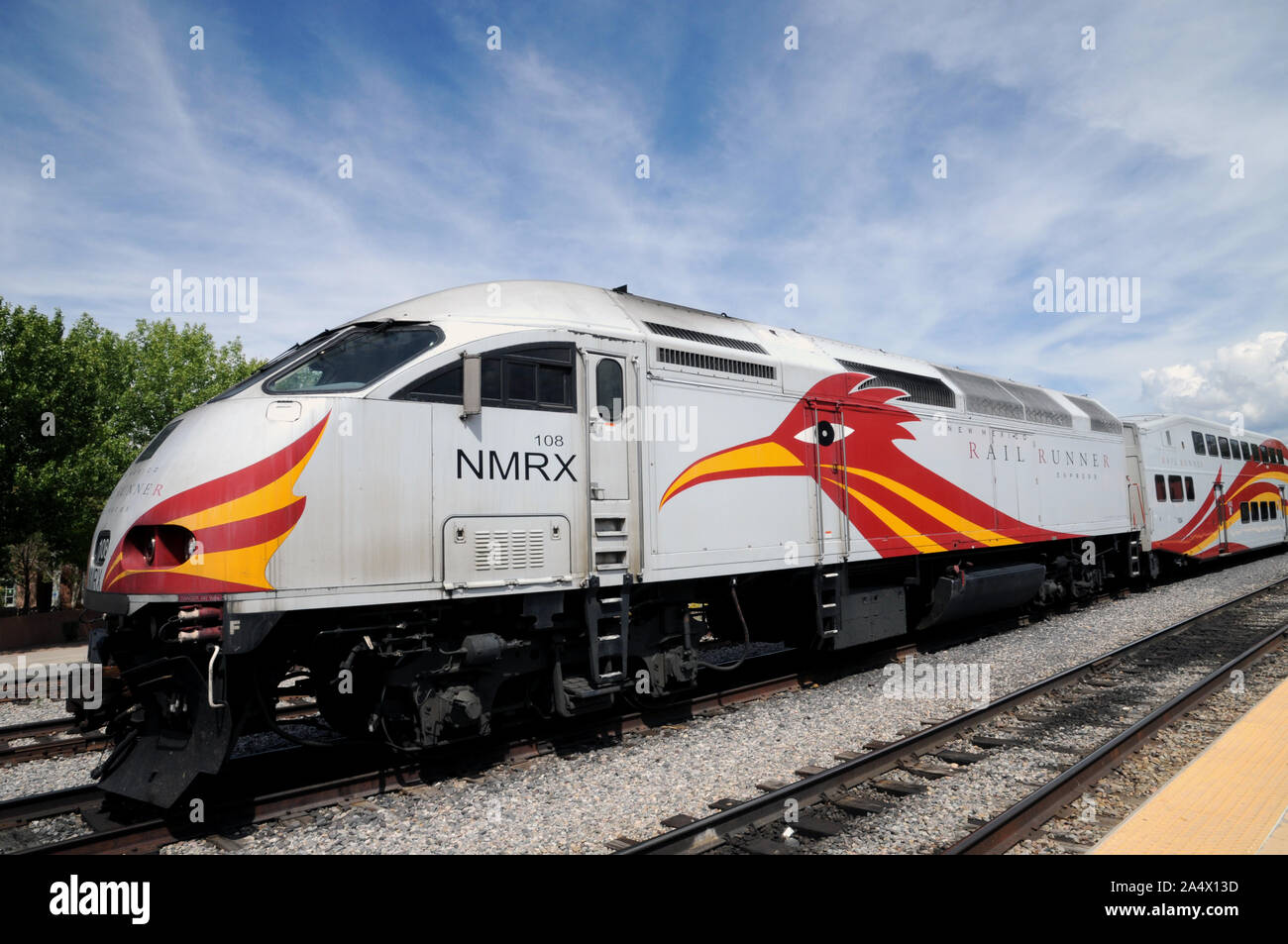 A New Mexico Rail Runner Express at Santa Fe Railyard. It is a commuter rail system serving the metropolitan areas of Santa Fe and Alburqueque. Stock Photo