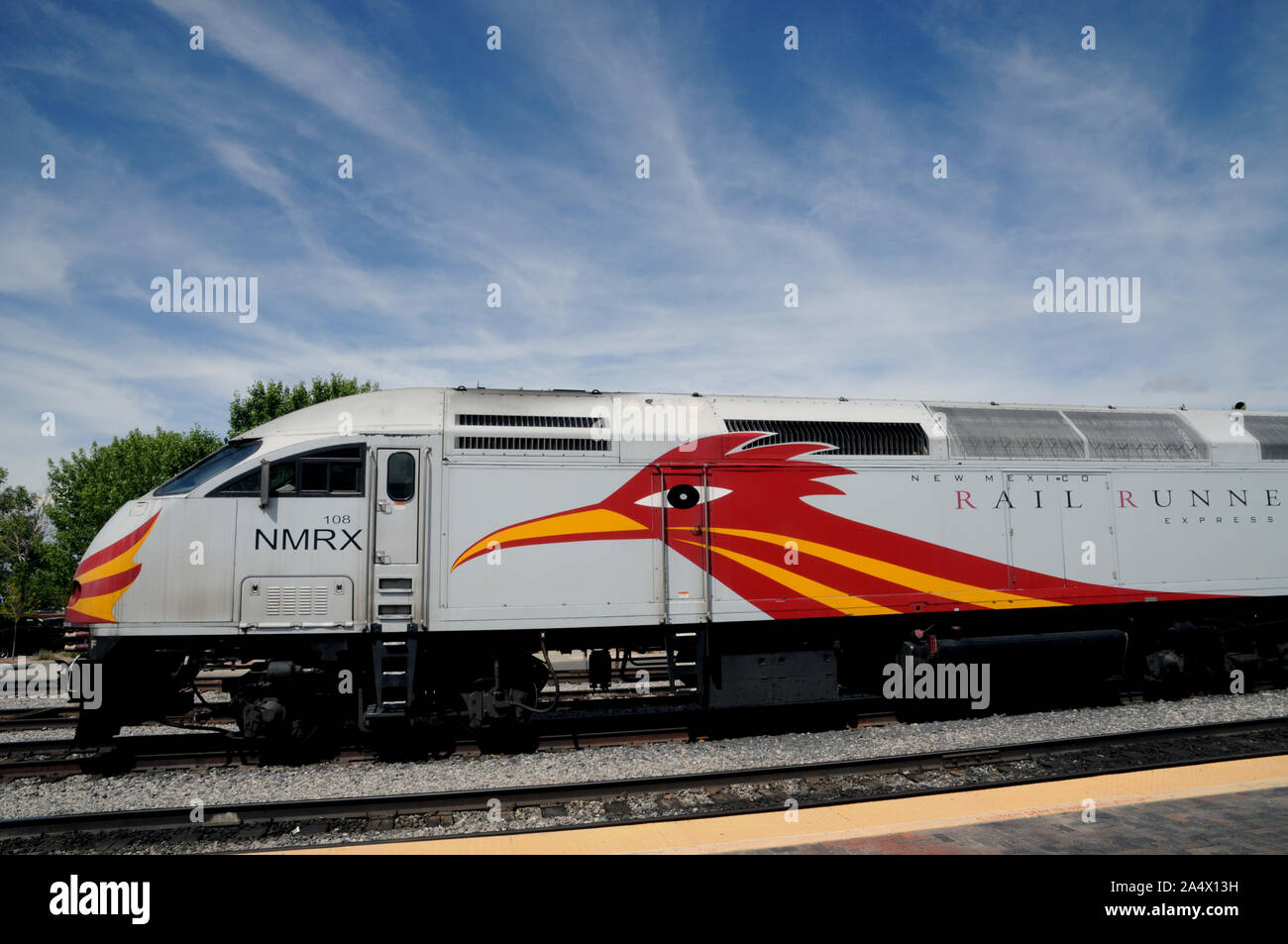 A New Mexico Rail Runner Express at Santa Fe Railyard. It is a commuter rail system serving the metropolitan areas of Santa Fe and Alburqueque. Stock Photo